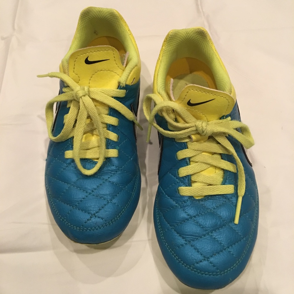 Nike Blue and Neon Yellow Youth Soccer Cleats